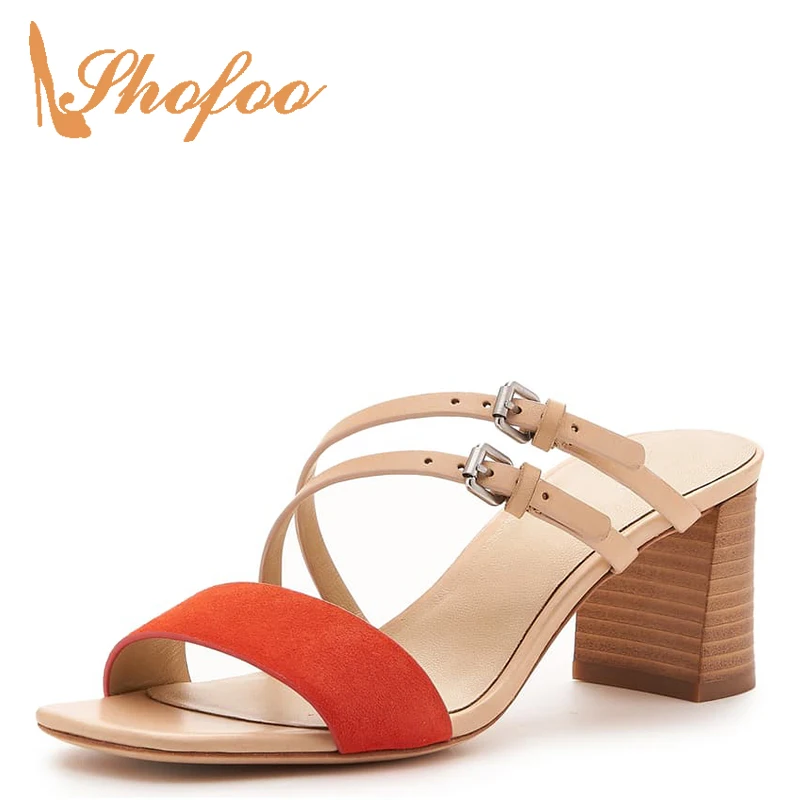 

Large Size 10 12 16 Red Yellow High Chunky Heels Sandals Cork Woman Buckle Strap Slip On Beach Slides Ladies Summer Shoes Dress