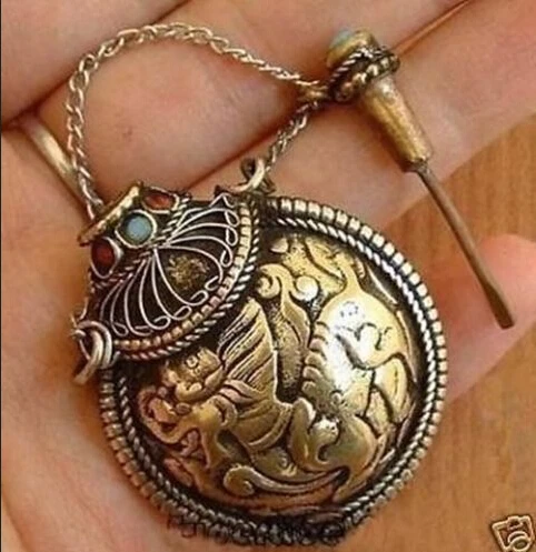 

Tibet Old Brass Carving Kirin Snuff Bottle Free Shipping