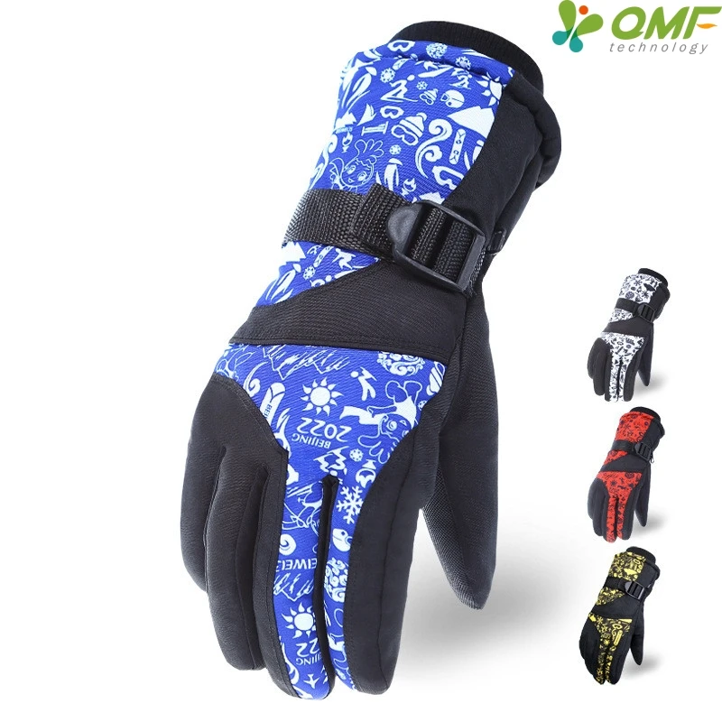 Blue Winter Games Print Snowboarding Ski Gloves Red Waterproof Warm