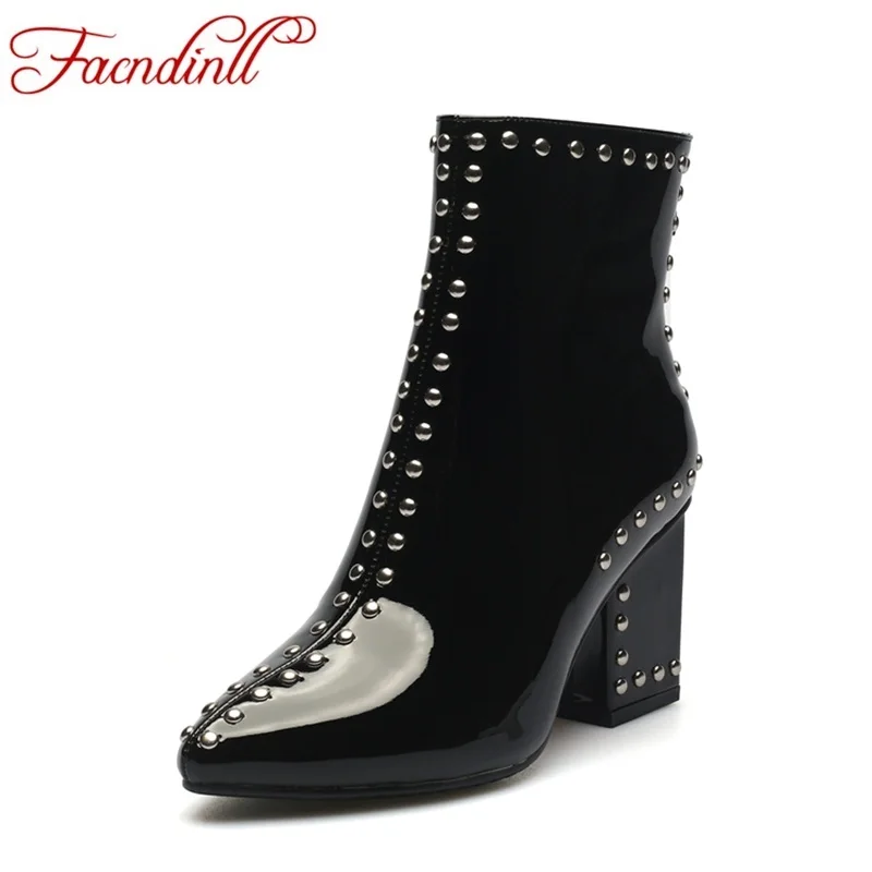 

FACNDINLL fashion women ankle boots new 2017 autumn winter thick high heels pointed toe rivets zipper shoes woman riding boots
