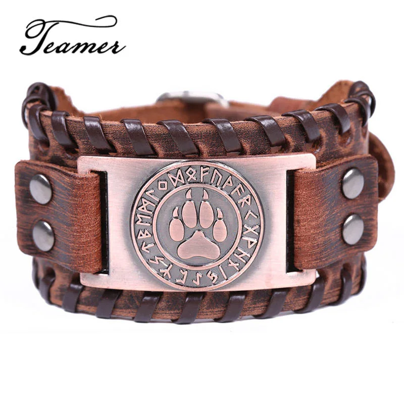

Teamer 12 Styles Wolf Paw Rune Charm Bracelets Men Slavic Amulet Jewelry Vintage Antique Silver Leather Wide Bracelet