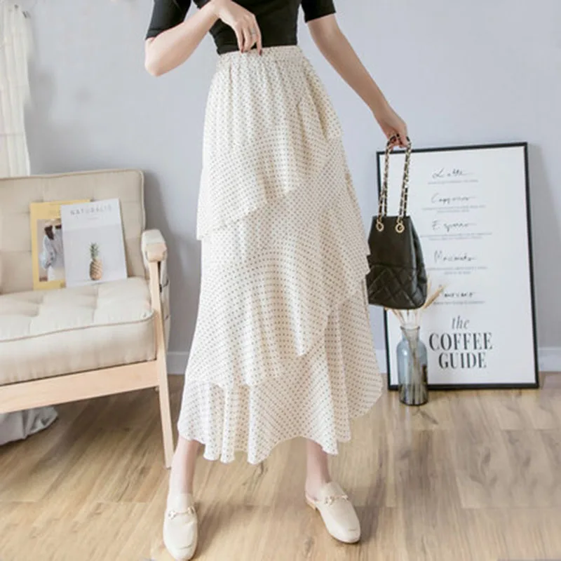 

2019 Spring Skirts In Women's Skirts Female Sweet Skirt Midi Summer High Waist Skirt Irregular Chiffon Skirt Black White A066