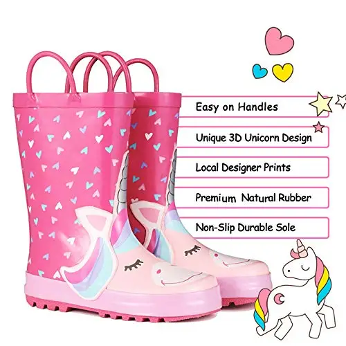 KomForme Kids Rain Boots Girl Pink Heart Unicorn Rubber Boots Waterproof Overshoes Water Shoes Rubber Shoes Kids Boots Girls