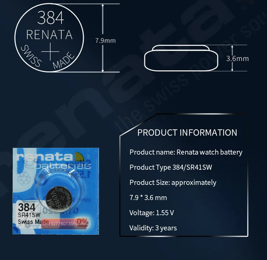 20pack Renata Swiss Battery 384 SR41SW 1.55V for Watch Silver 384 SR41SW RENATA Watch Batteries