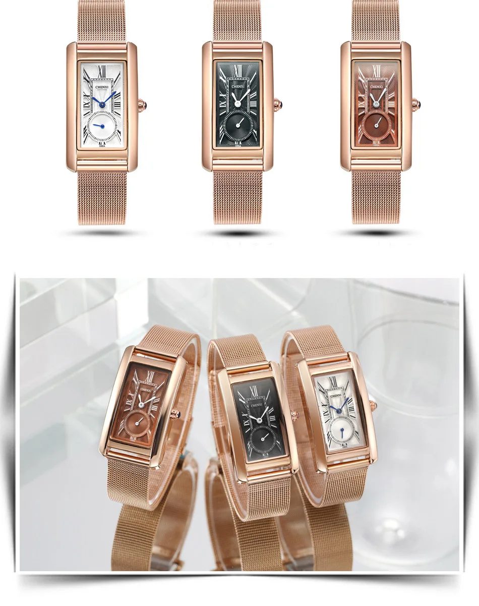 CHENXI Popular Rose Women Casual Watches Unique Rectangle Roman Numeral Blue Pointer Stop Watch Waterproof Elegant Lady's Clock CHENXI Popular Rose Women Casual Watches Unique Rectangle Roman Numeral Blue Pointer Stop Watch Waterproof Elegant Lady's Clock