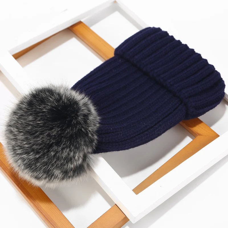 Real Fur Hat Knitted Real fox hair bulb Pom Pom Hat Women Winter Hat Unisex Kids Warm with wool Chunky Thick Stretchy Knit hat