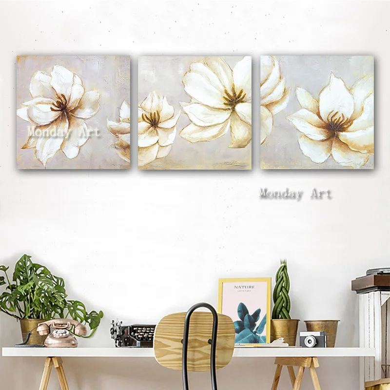 

Hand Painted Turquoise Flower Oil Painting On Canvas Abstract Wall Art 3 Panel Pictures Acrylic Floral art Paintings wall decora