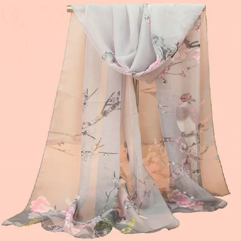 

Spring Fall Flower Bird Print Chiffon Silk Scarf Brand Design Women Beach Shawls Beautiful Bandana Head Scarf Long Foulard
