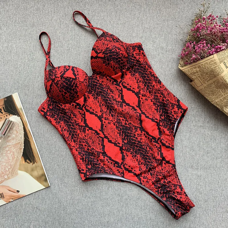 Одна часть Женщины Монокини sexy змеиный принт купальник очаровательные дамы без бретелек maillot de bain пляжный купальник - Цвет: Красный