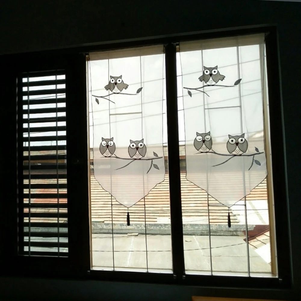 1 шт., белый отвесный тюль, занавески для кухни с вышивкой совы, короткие занавески, римские жалюзи, занавески, занавески для окна
