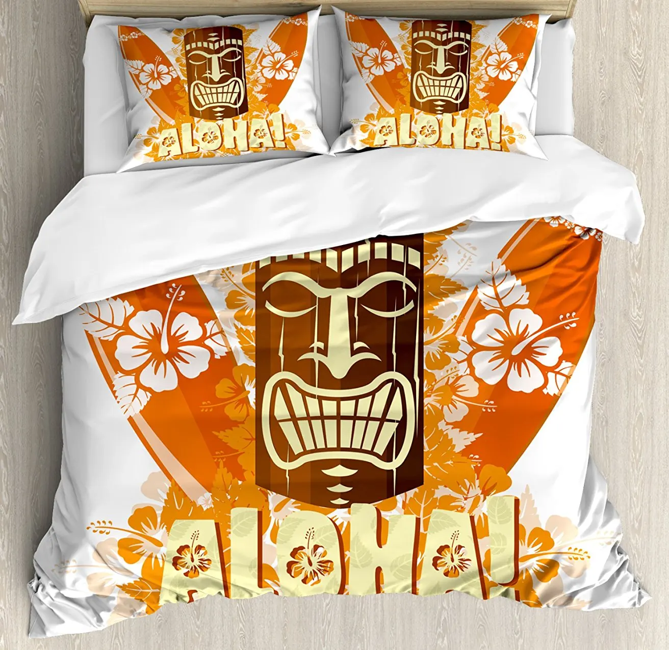 Tiki Bar Decor Duvet Cover Set Hibiscus Flora Burst Orange Surfboards Aloha Tropical Summer Decorative 4 Piece Bedding | Дом и сад