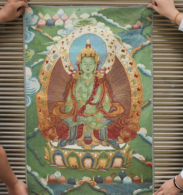 36" Tibet Buddhism Silk Cloth Vaishravana Buddha On Lion Thangka Painting Mural 
