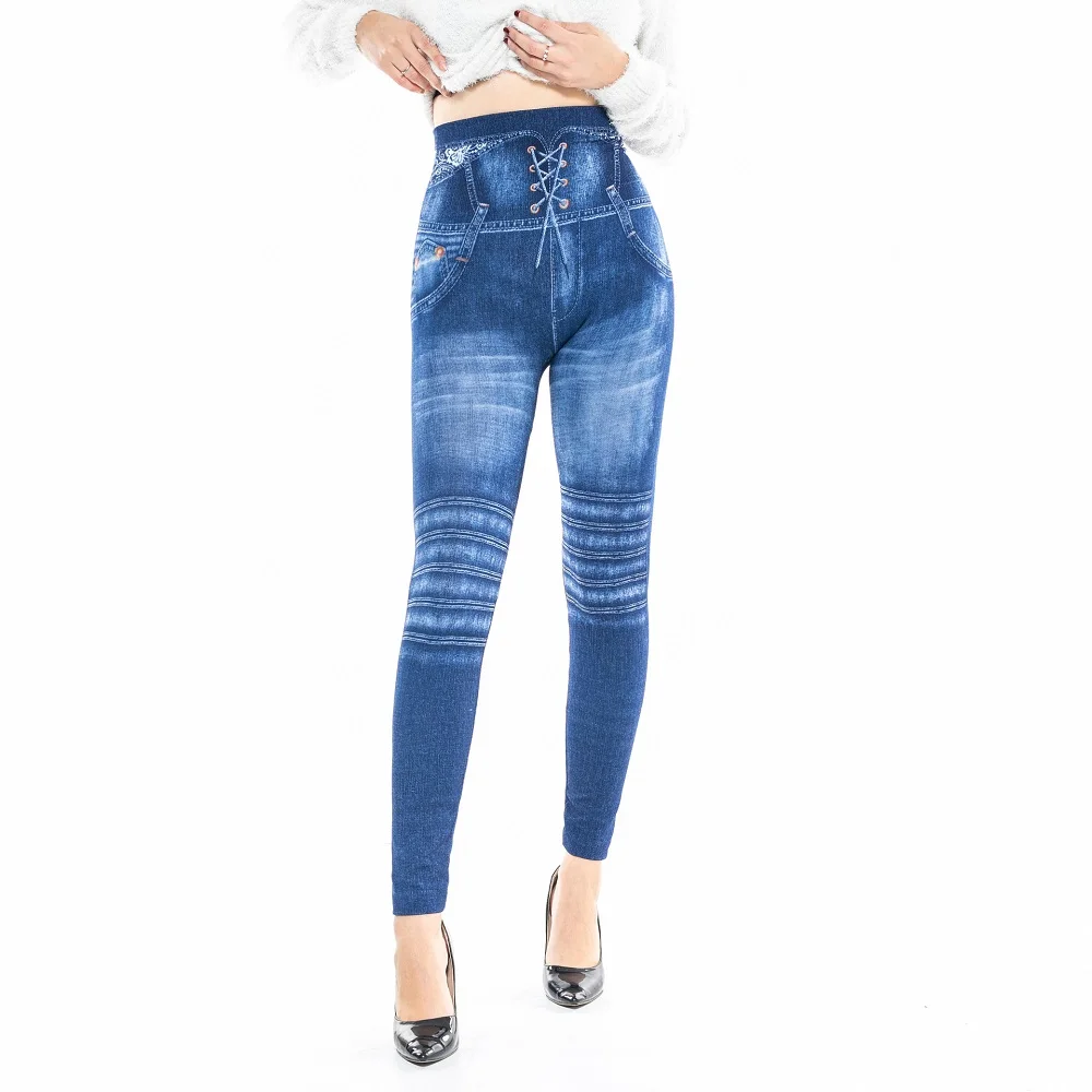 Faux Denim Jeans Leggings Blue Striped Print Leggings Women Imitation