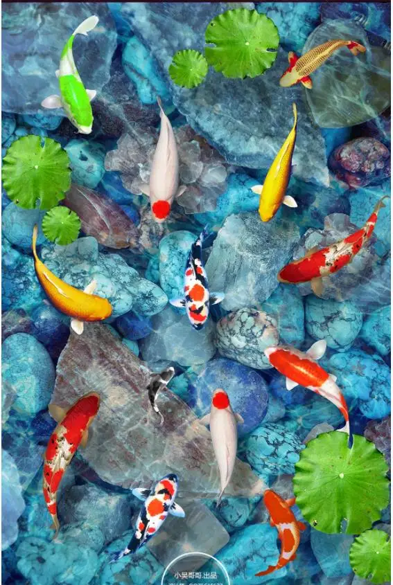 

Custom photo wallpapers 3d Flooring painting wallpaper Water stone fish in the living room 3D floor stickers murals wall papers