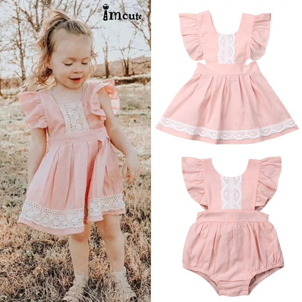 Newborn Infant Toddler Baby Girls Clothes Sister Matching Pink Sleeveless Causal Ruffle Lace Romper Dress Outfits Set | Детская одежда