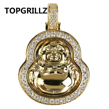 

TOPGRILLZ Hip Hop Men Necklace Copper Gold/Silver Color Plated Micro Pave CZ Stone Maitreya Pendant Necklaces Three Chains 24"