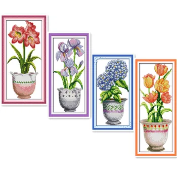 

Plant Flower Series Cross Stitch Kit, Violet Tulip Potted Flowers 11CT 14CT Printed Stitching Decoration Hanging Picture