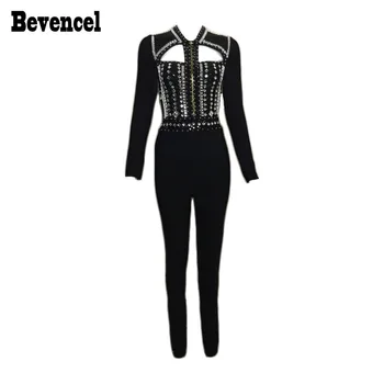 

Bevencel Luxe Beads Sexy Bodycon Bandage Jumpsuuit 2020 New Long Sleeve O Neck Hollow Out Stretch Full Length Celebrity Jumpsuit