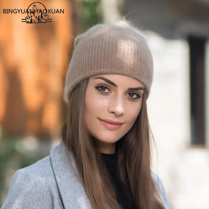 

BINGYUANHAOXUAN 2018 New Women Autumn Winter Warm Rabbit fur Knitted Hats Double Layer Cashmere Skullies Female Hat