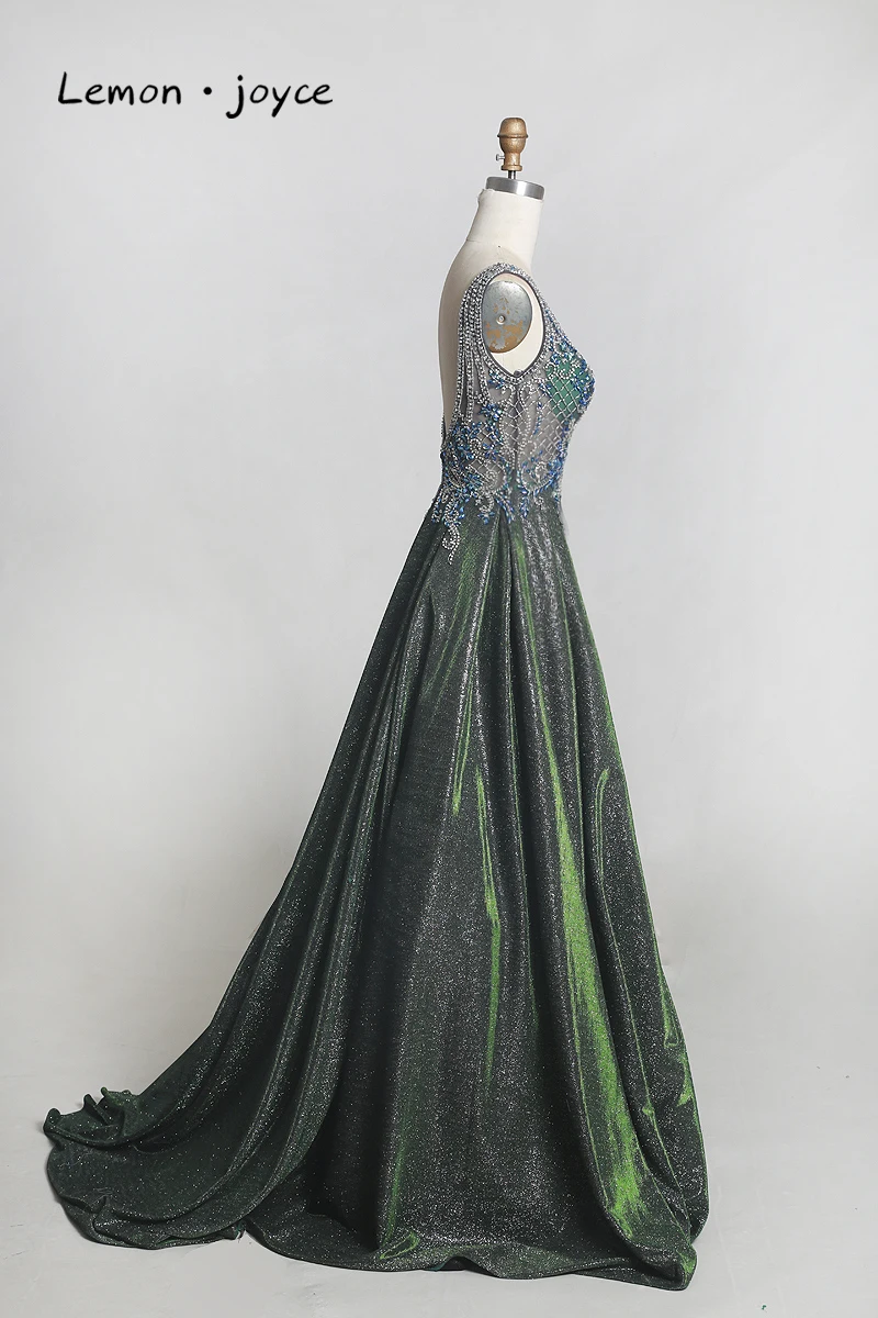 Lemon joyce Green Prom Dresses 2020 Sexy V-neck Beading Shiny Dubai Evening Gown vestidos de gala Plus Size