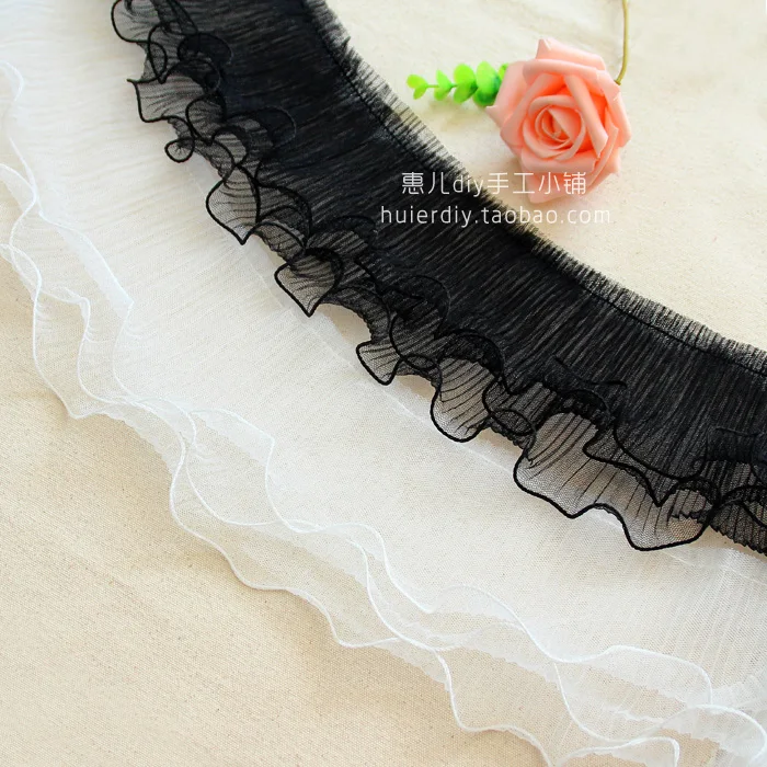

3yard/lot Black White Gauze Ruffle Hem Organza Pleated Lace Decoration Mini Doll Dress Accessories RS170