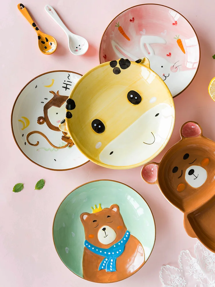 

EECAMAIL Cute Animal Ceramic Dinner Bowl Children's Tableware Infant Cartoon Breakfast Plate Children Spoon Steak Dish Snack Pla