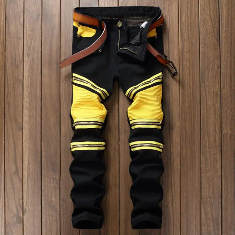 Mens Fashion Zipper Pacthwork Biker Jeans Yellow Black Knee Pleated Multi zipper Men Slim Motorcycle