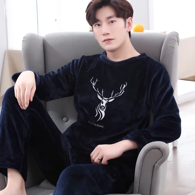 New Coral Fleece Men Pajamas Set Flannel Sleepwear Big Size Pajamas Men Homewear Sleep Lounge Nightgowns