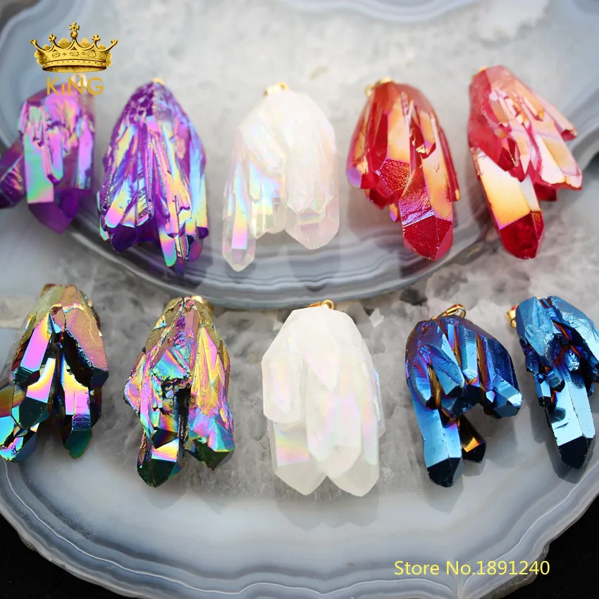 

5pcs Random Color Sale,Large Titanium Quartz Stick Point Pendant,Natural Quartz Raw Crystals with Gold Clasp Cluster Spike Charm