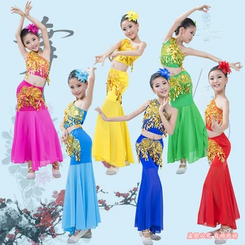 

Children Indian Traditional Dress Sequins Belly Dance Costume For Girls Peacock Kids Dai Fish Tail Leotard Girl Dancewear