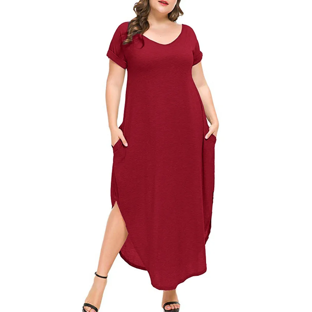 

2019 New Women's Plus Size V-Neck Loose Long Dress Short Sleeve Side Split Maxi Dresses
