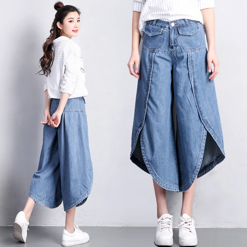 

2019 new spring and summer women tide flare calf-length jeans Split breeches denim jeans
