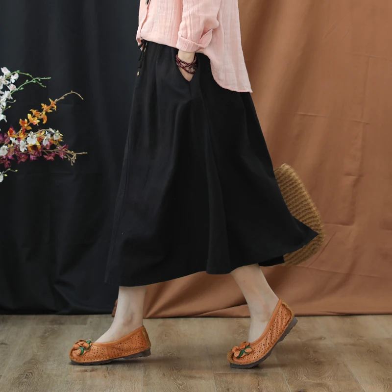 Женская юбка льняная трапециевидная до середины икры Длина однобортная юбка империя талии сплошная Весна 2019 Винтаж
