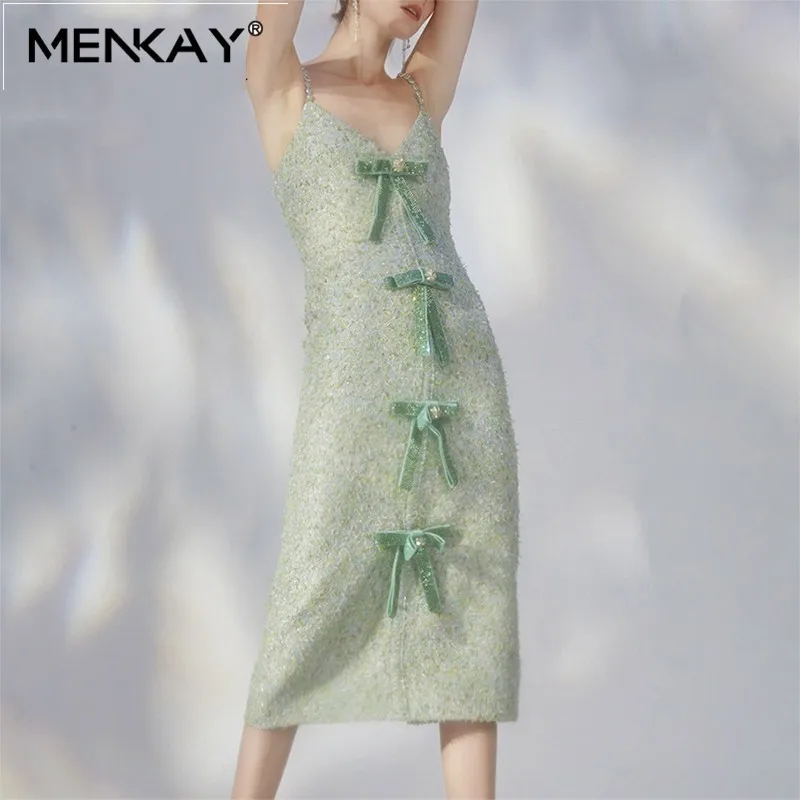 

[MENKAY] Elegant Sleeveless Dress For Women V Neck Off Shoulder High Waist Diamond Bowknot Patchwork Beach Dresses Female Summer