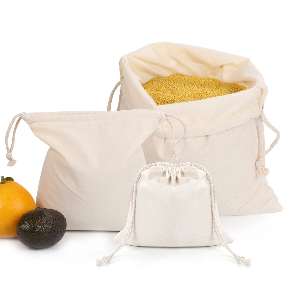 

3 Sizes Reusable Home Kitchen Drawstring Shopping Bag Eco-friendly Fruit Vegetables Storage Bag Pure Cotton Produce Bags