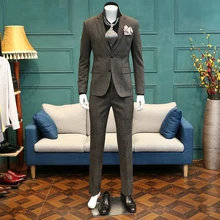 Новое модное свадебное платье костюмы из 3 предметов мужской обтягивающий Повседневный пиджак кофейные клетчатые костюмы пиджак мужской коричневый блейзер винтажный 365wt26