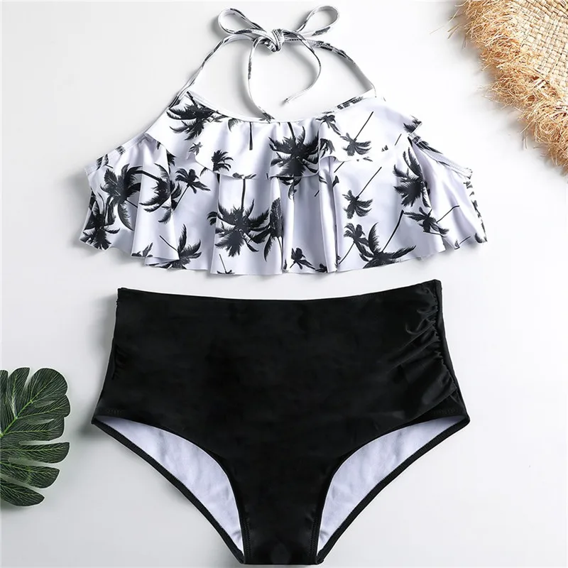 

2019 Swimming Causal Women Retro Flounce High Waisted Halter Neck Swimwear Two Piece A#2