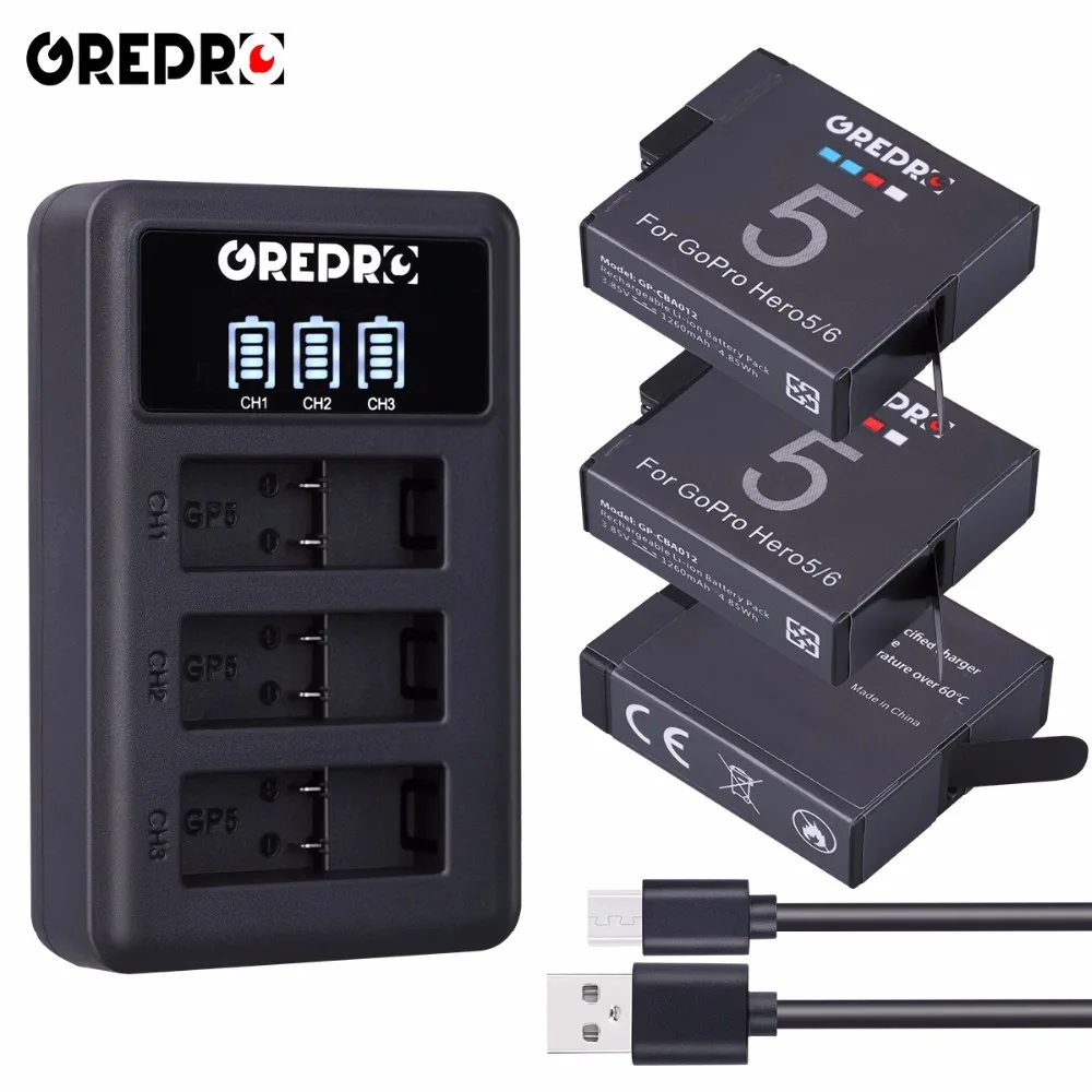 

3pcs 1260mAh Batteries for GoPro Hero 5 Gopro 6/7 2018 Camera Battery AHDBT-501+3Slots LED USB Battery Charger with Type C Port