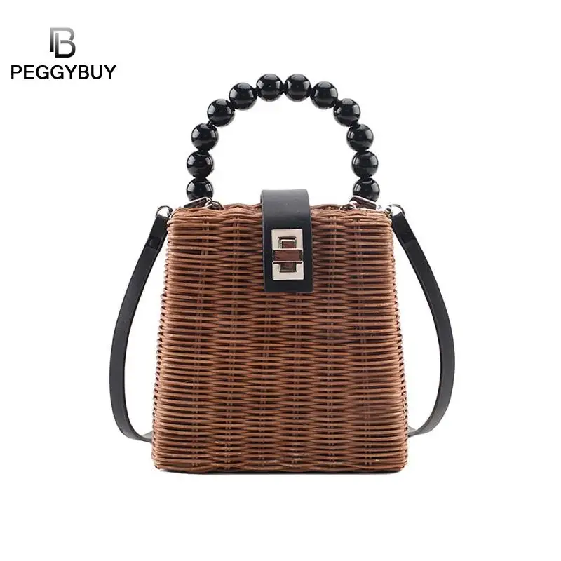 

Ladies Fashion Solid Color Girls Wicker Woven Shoulder Handbags Women Beads Small Messenger Crossbody Top-handle Summer Bags