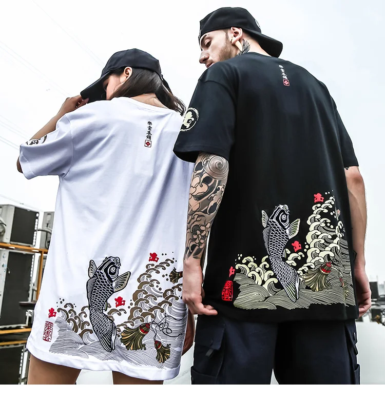 Японская уличная футболка с вышивкой рыбы Мужская Harajuku футболка с принтом денег хип хоп топы футболки хлопок короткий рукав