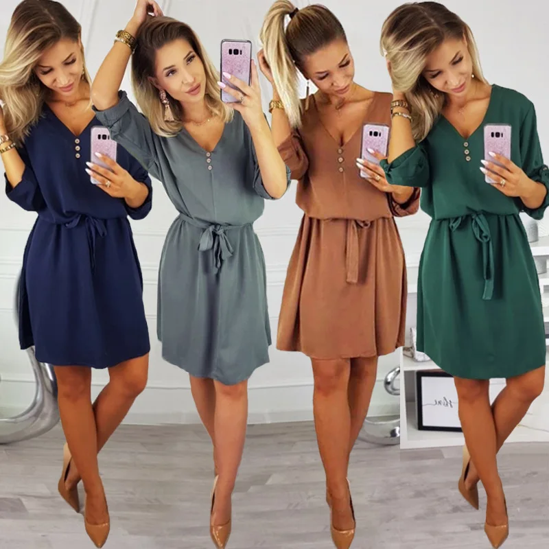 

AvoDovA Solid Color Half Sleeve Women Dresses Sexy V Neck Fashion Casual Dress