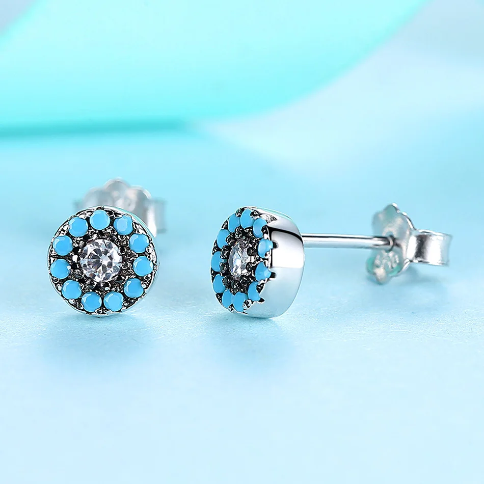 ELESHE 925 Sterling Silver Blue Eye Round Stud Earrings with CZ Zirconia Earrings for Women Fashion Lucky Jewelry 2018 New
