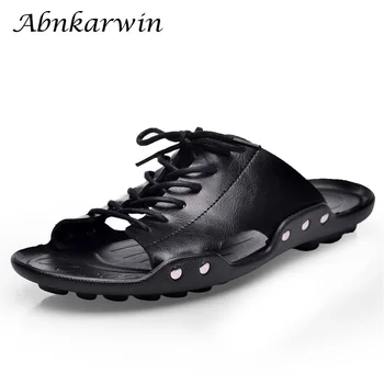 

Outside Flat Slides Men Leather Slippers Summer Casual Shoes Slipper Solid Black Brown Comfortable