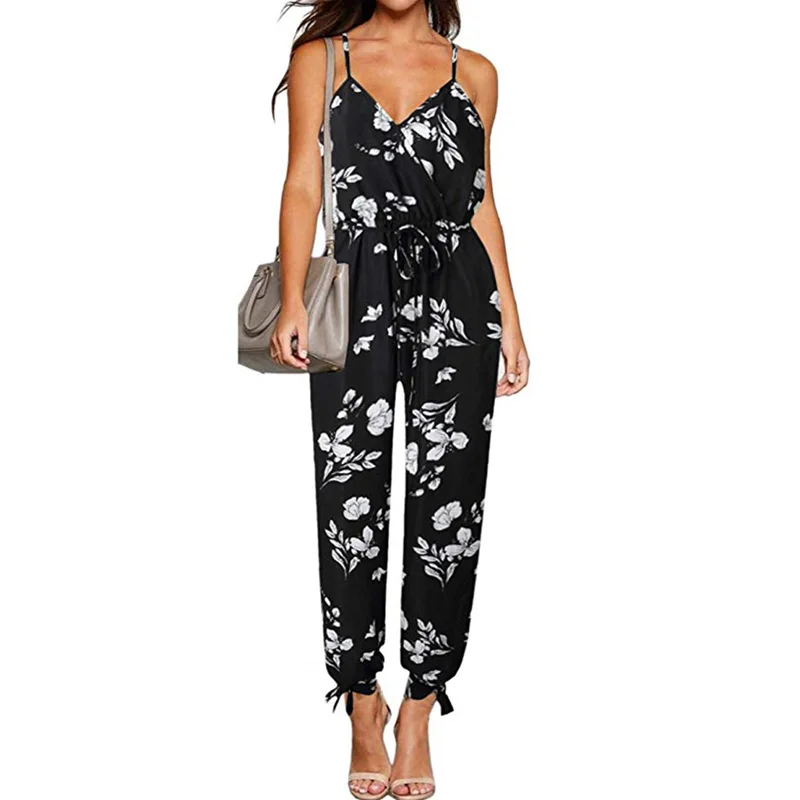 

Summer Women Sexy V neck Floral Print Spaghetti Strap Jumpsuit Side Split Leg Lace Up Romper Plus Size