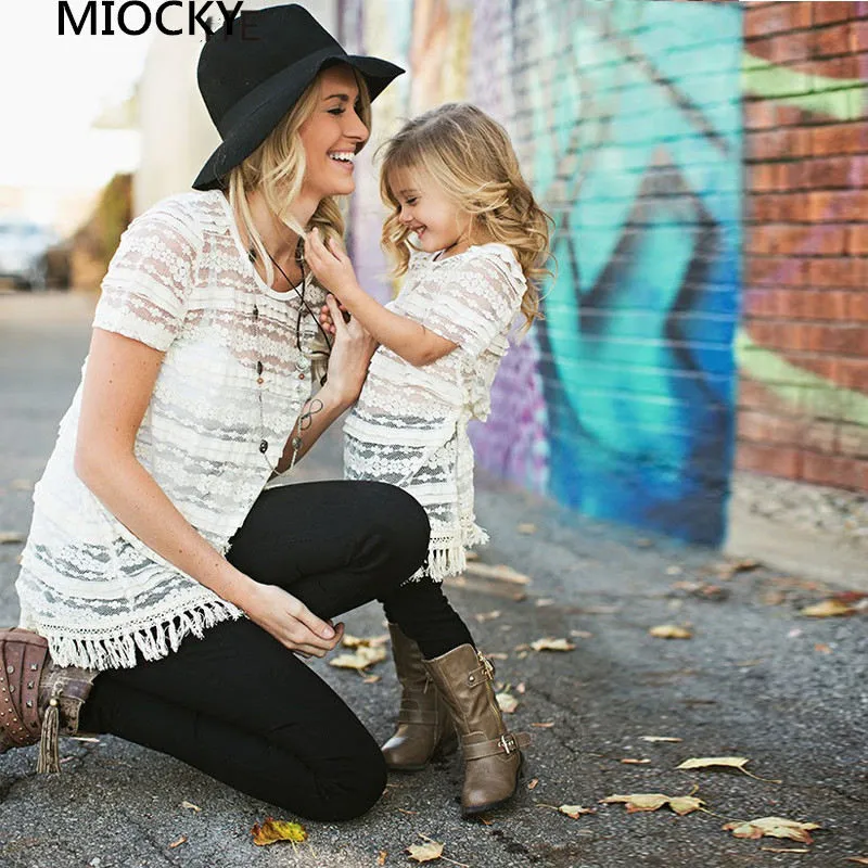 Family-t-shirt-Mother-and-daughter-clothes-Hollow-Tassel-Long-t-shirt-Camisole-Roupa-familia-Mommy (2)