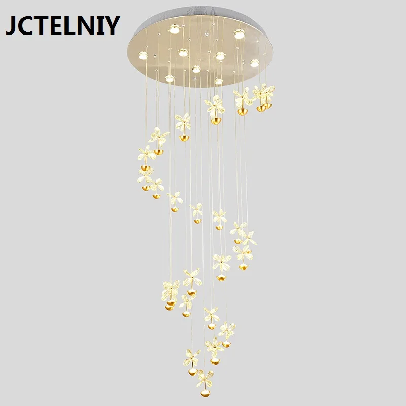 

Crystal flower staircase chandelier villa chandelier staircase crystal lamp long modern simple chandelier