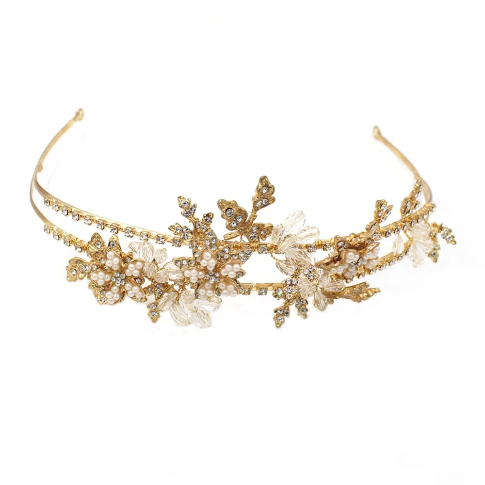 

SLBRIDAL Gold Crystals Rhinestones Pearls Flower Leaf Wedding Tiara Headband Bridal Pageant Crown Hair accessories Bridesmaids