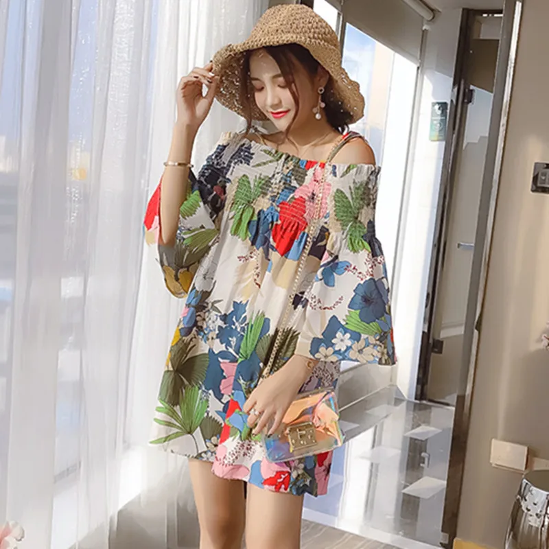 

MUMUZI Summer New Sexy Off Shoulder Slash Neck Print Flower Dress for Women Loose Chiffon Beach Wear Slim Boho Dresses 2018