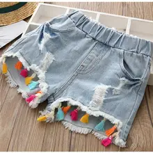 Джинсовые шорты для маленьких девочек г., новые летние детские джинсы с кисточками и дырками повседневные шорты Детская одежда ковбойская одежда Y1072