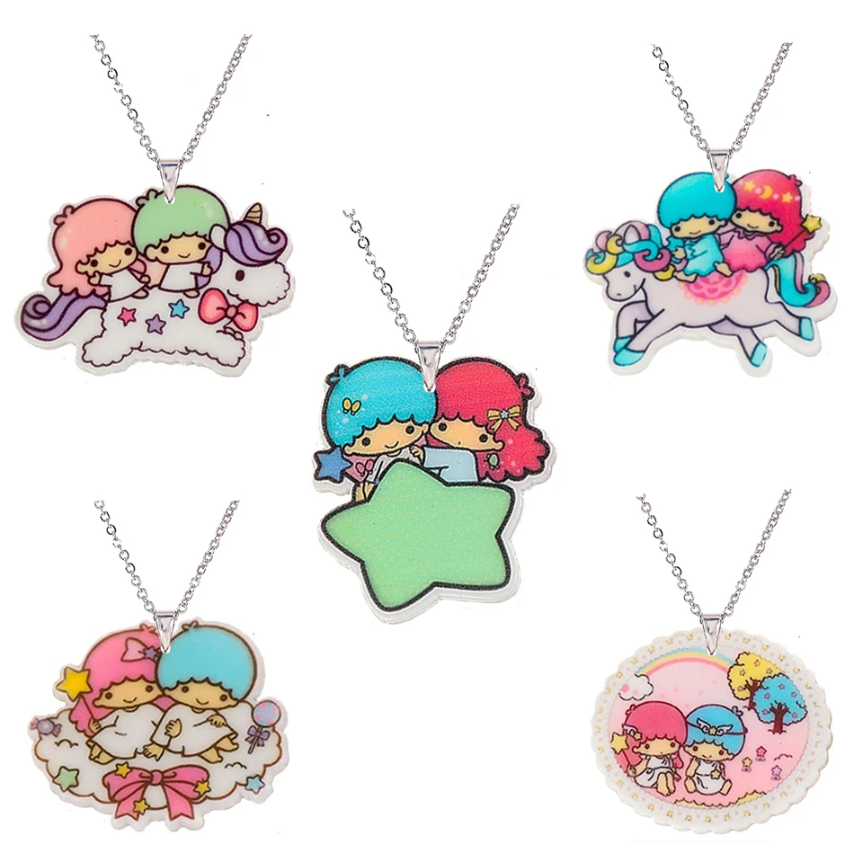 

Menglina Kawaii Cartoon Twin Gemini Acrylic Pendant Necklace For Girls Silver Chain Flatback Resin Children Necklaces & Pendants